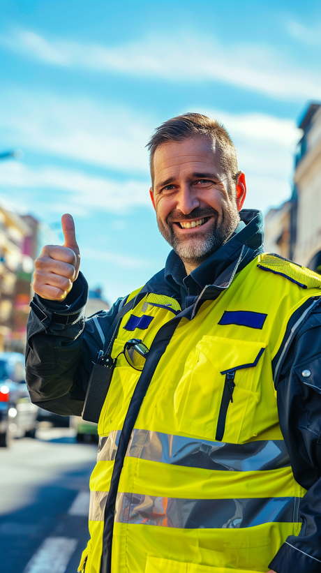 a real European traffic police officer smiling and giving a thumbs up